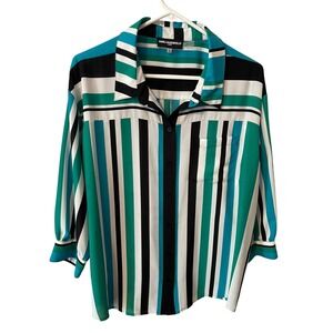 Karl Lagerfeld Paris Womens Teal Green Striped Button Down Blouse Size Large